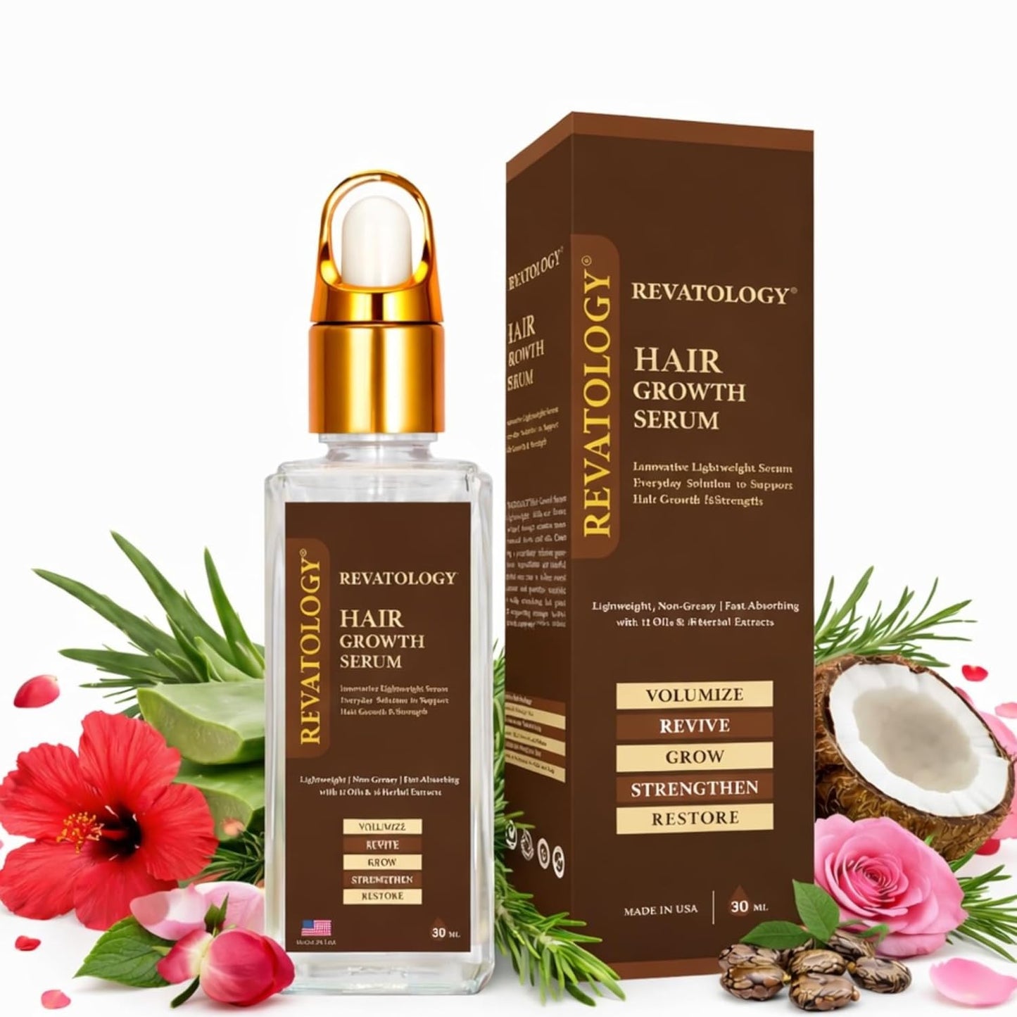Revatology Botanical Hair Serum for Adults, Daily Leave In for Scalp Conditioning, Hair Growth, Thinning Hair and Fall, 12 Oils and 18 Herbal Extracts with Rosemary, Coconut, Bhringraj, Amla, Castor