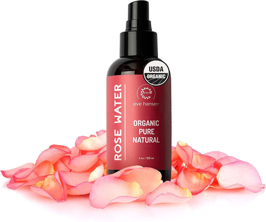 Eve Hansen Organic Rose Water Spray – Pure Rosewater Face & Hair Mist for Hydration & Refreshing Glow | Facial Toner & Makeup Setting Spray | Alcohol-Free & Vegan | 4 oz