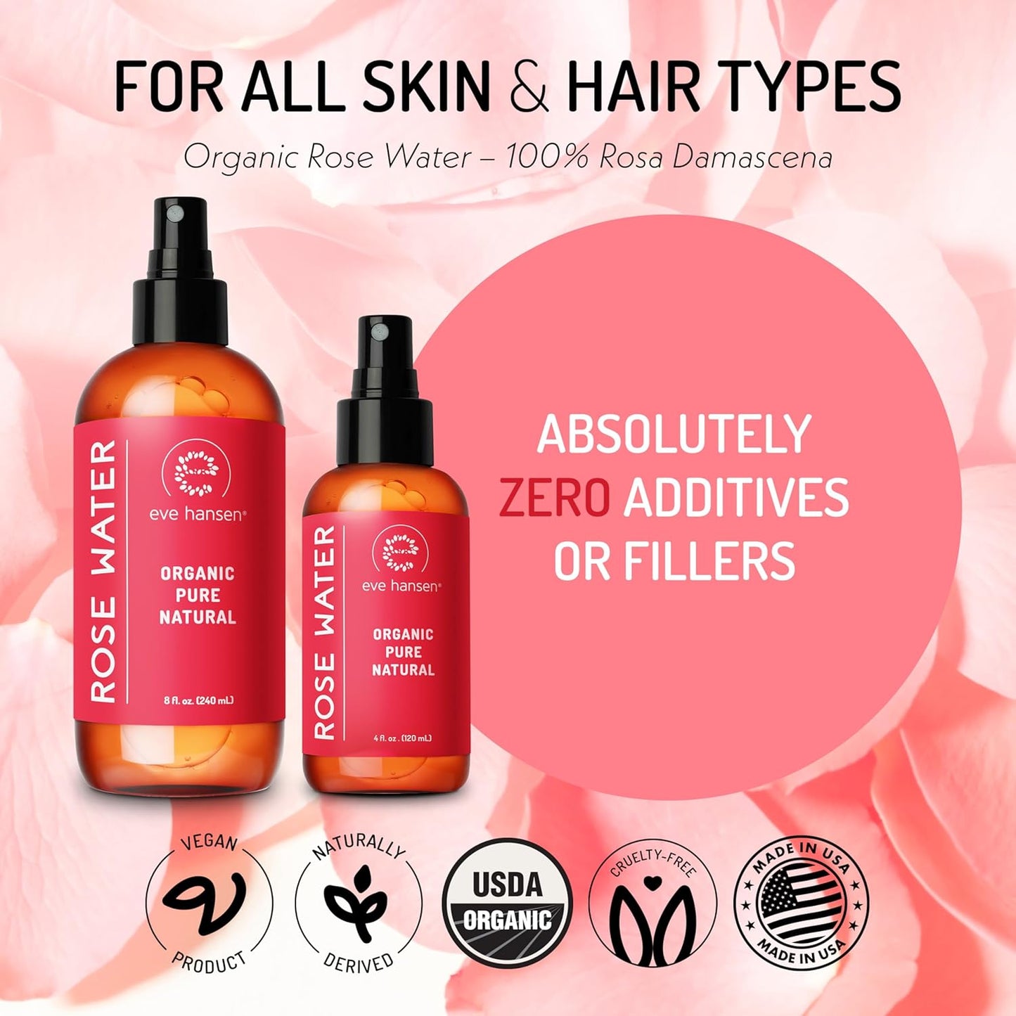 Eve Hansen Organic Rose Water Spray – Pure Rosewater Face & Hair Mist for Hydration & Refreshing Glow | Facial Toner & Makeup Setting Spray | Alcohol-Free & Vegan | 4 oz