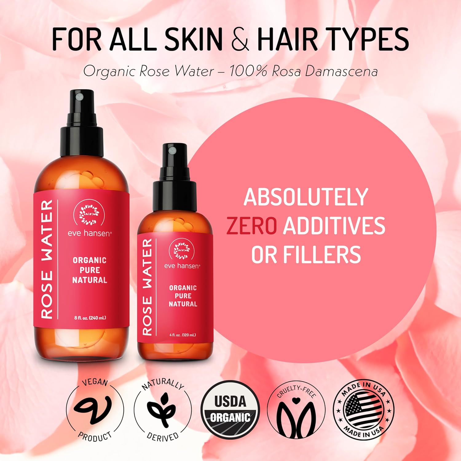 Eve Hansen Organic Rose Water Spray – Pure Rosewater Face & Hair Mist for Hydration & Refreshing Glow | Facial Toner & Makeup Setting Spray | Alcohol-Free & Vegan | 4 oz